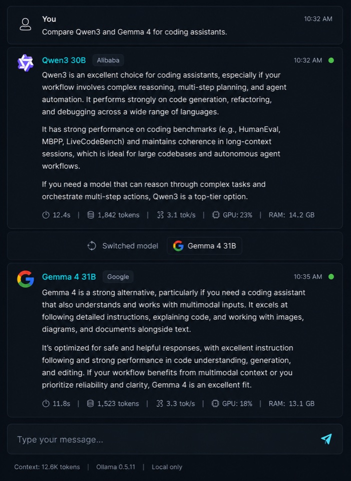Local AI chat interface comparing responses from two local models.